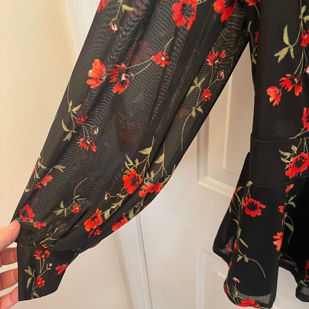Ember Black Red Floral Peplum Blouse Sheer Top Women L Whimsigoth Career - Picture 3 of 8